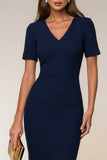 Bodycon vestido de trabajo midi de manga corta con escote en V y cuello en V azul marino con abertura