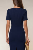 Bodycon vestido de trabajo midi de manga corta con escote en V y cuello en V azul marino con abertura