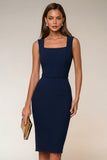 Vestido de trabajo midi bodycon cuello cuadrado azul marino