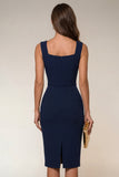 Vestido de trabajo midi bodycon cuello cuadrado azul marino
