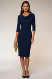 Vestido de trabajo Midi Bodycon azul marino con escote tipo Cowl con abertura