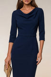 Vestido de trabajo Midi Bodycon azul marino con escote tipo Cowl con abertura