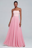 Vestido formal largo de franzos rosa sin tirantes