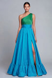 Vestido formal largo de una línea verde y azul de un hombro con abertura