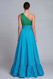Vestido formal largo de una línea verde y azul de un hombro con abertura