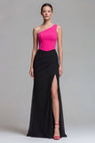 Vestido formal largo de sirena de corsé de un hombro fucsia y negro con abertura