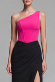 Vestido formal largo de sirena de corsé de un hombro fucsia y negro con abertura