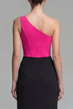 Vestido formal largo de sirena de corsé de un hombro fucsia y negro con abertura