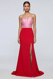 Vestido formal largo sin tirantes rosa y rojo Sirena con abertura