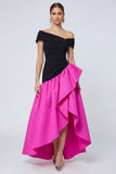 Fucsia y negro Línea A en el hombro, vestido formal asimétrico con volantes