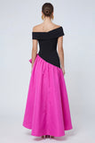 Fucsia y negro Línea A en el hombro, vestido formal asimétrico con volantes
