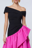 Fucsia y negro Línea A en el hombro, vestido formal asimétrico con volantes