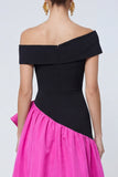 Fucsia y negro Línea A en el hombro, vestido formal asimétrico con volantes