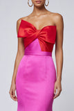 Vestido formal largo sin tirantes de sirena fucsia y rojo con lazo