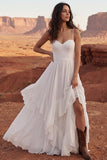 Vestido de novia largo bohemio con volantes y abertura en línea A de marfil