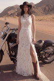 Vestido de novia bohemio largo de cuello alto con encaje A de marfil y abertura