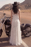 Vestido de novia bohemio largo de cuello alto con encaje A de marfil y abertura