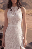 Vestido de novia bohemio largo de cuello alto con encaje A de marfil y abertura