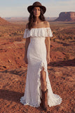 Vestido de novia largo bohemio de sirena floral marfil con volantes
