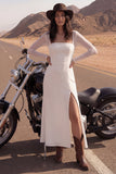 Vestido de novia largo de playa con escote cuadrado y escote de marfil y abertura