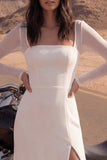 Vestido de novia largo de playa con escote cuadrado y escote de marfil y abertura