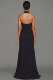 Vestido formal largo y con corte negro y vaina con escote halter, volantes y abertura