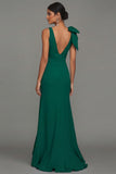 Vestido formal largo largo con escote en V y volantes verde oscuro y abertura