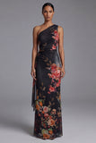 Vestido negro floral de funda estampado de un solo hombro