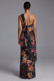 Vestido negro floral de funda estampado de un solo hombro