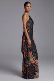 Vestido negro floral de funda estampado de un solo hombro