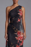 Vestido negro floral de funda estampado de un solo hombro