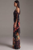 Vestido floral fruncido con cuello asimétrico y sirena