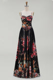 Vestido floral negro A de tirantes estampados