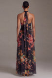 Vestido floral A Line, estampado en negro halter