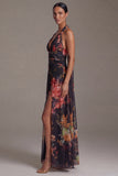 Vestido floral A Line, estampado en negro halter