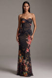 Vestido floral negro sin tirantes con estampado de sirena