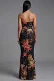 Vestido floral negro sin tirantes con estampado de sirena