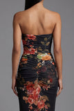 Vestido floral negro sin tirantes con estampado de sirena