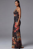 Vestido largo floral sirena con tirantes finos estampados y recortados en funda