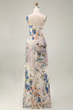 Vestido floral fruncido de marfil con cuello cuadrado Línea A