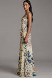 Vestido floral fruncido de marfil con cuello cuadrado Línea A