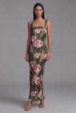 Vestido largo floral con escote cuadrado y escote cuadrado oliva