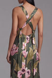 Vestido largo floral con escote cuadrado y escote cuadrado oliva