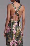 Vestido largo floral con escote cuadrado y escote cuadrado oliva