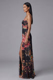 Vestido floral de tirantes finos negros estampados en línea A