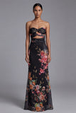 Vestido largo largo de flores negro estampado y sin tirantes