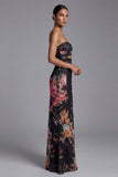 Vestido largo largo de flores negro estampado y sin tirantes