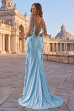 Vestido largo de graduación de tirantes finos azul celeste con tirantes finos y volantes