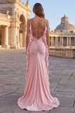 Vestido largo de baile de sirena con tirantes finos con cuentas rosas y volantes