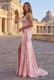 Vestido largo de baile de sirena con tirantes finos con cuentas rosas y volantes